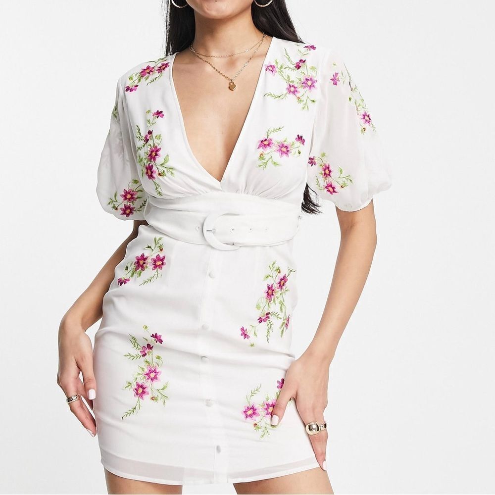 ASOS Design White Floral Embroidered Belted Mini Dress